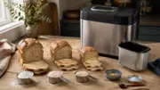 Tre brød i ulike størrelser foran en brødmaskin og målte ingredienser på kjøkkenbenken