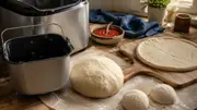 Pizzadeig fra brødmaskin ved bakeform, pizzaspade og en ferdig kjevlet bunn