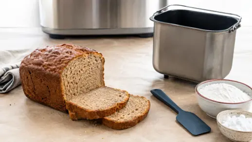 Oppskåret glutenfritt brød ved ren bakeform, egen slikkepott, mel og stivelse