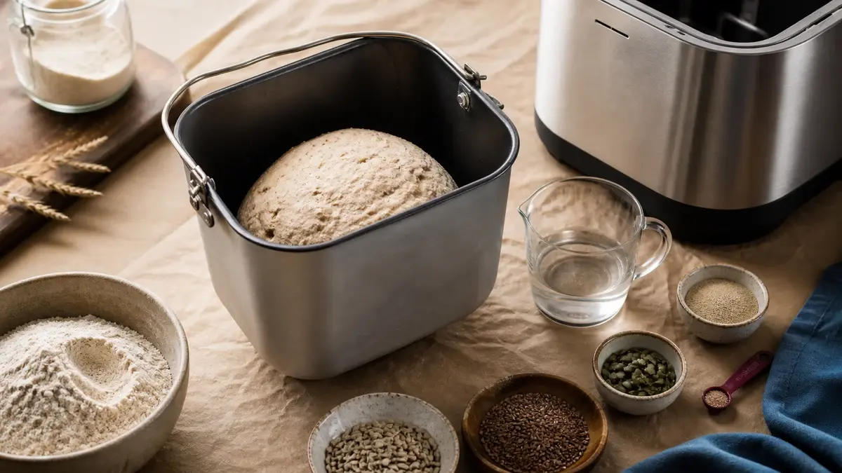 Grov brøddeig i bakeformen omgitt av vann, mel, frø og en brødmaskin