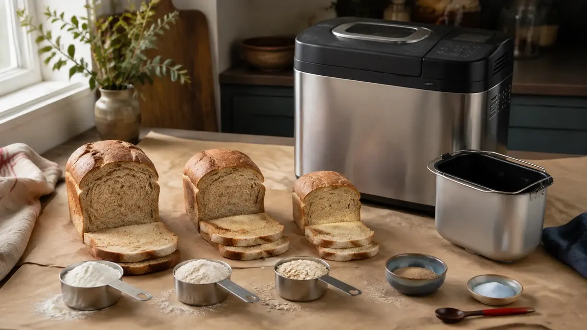 Tre brød i ulike størrelser foran en brødmaskin og målte ingredienser på kjøkkenbenken