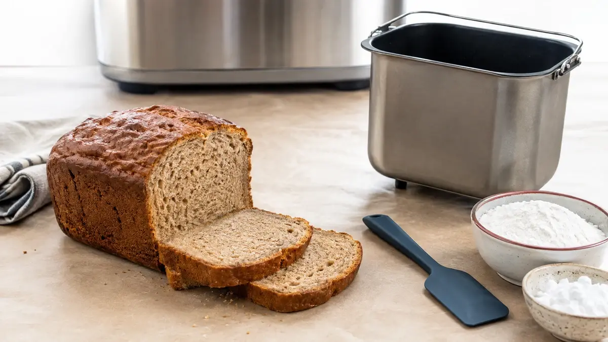 Oppskåret glutenfritt brød ved ren bakeform, egen slikkepott, mel og stivelse
