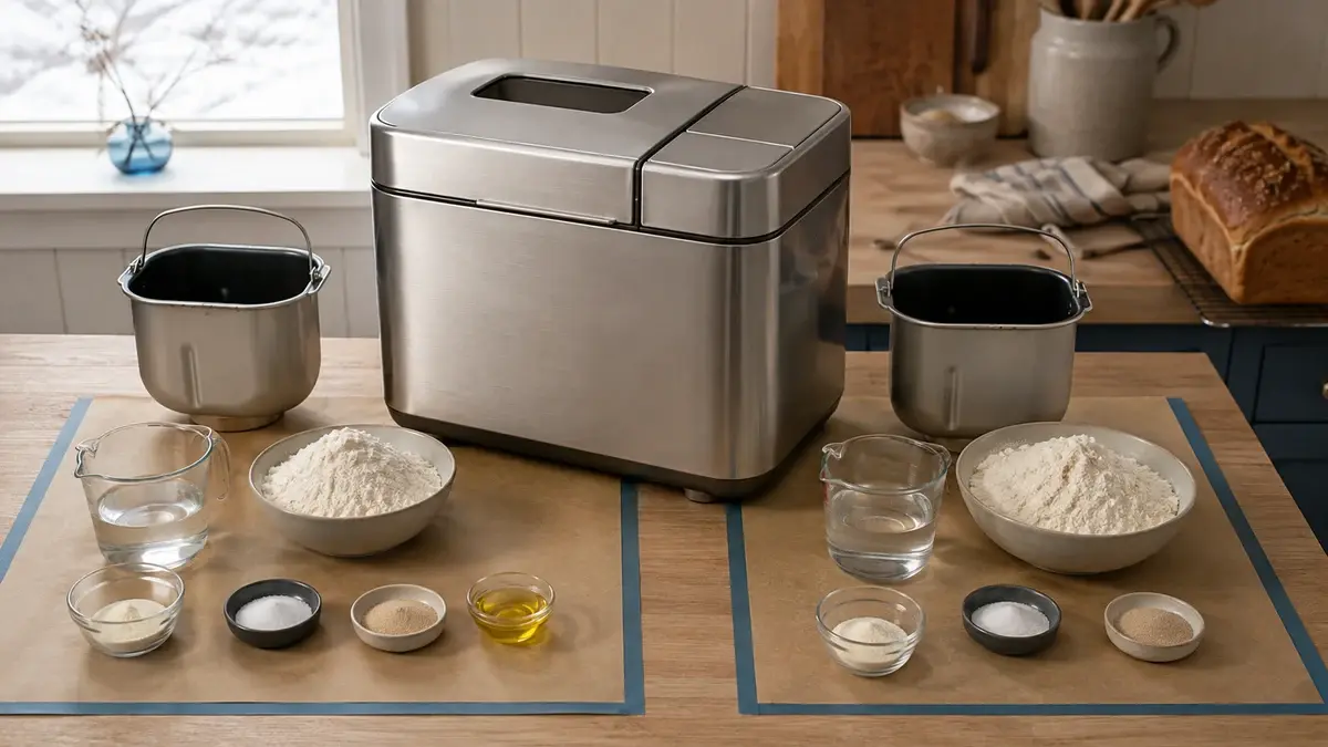 Brødmaskin mellom to bakeformer med separate oppmålte ingredienser for ulike modeller